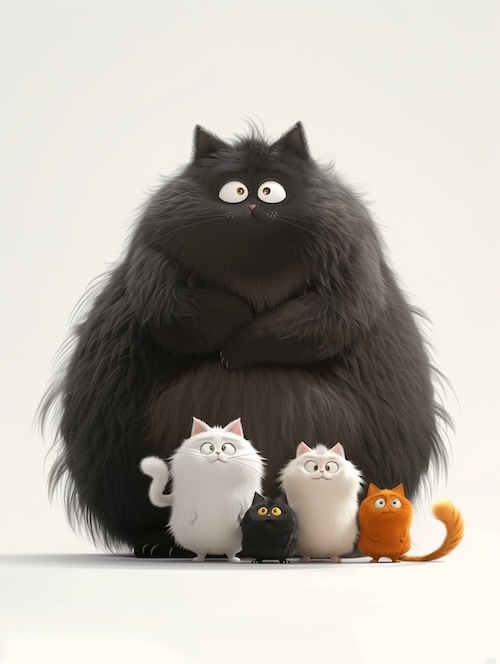 black-fat-cat-with-white-paws-and-three-small-cats-of-different-colors