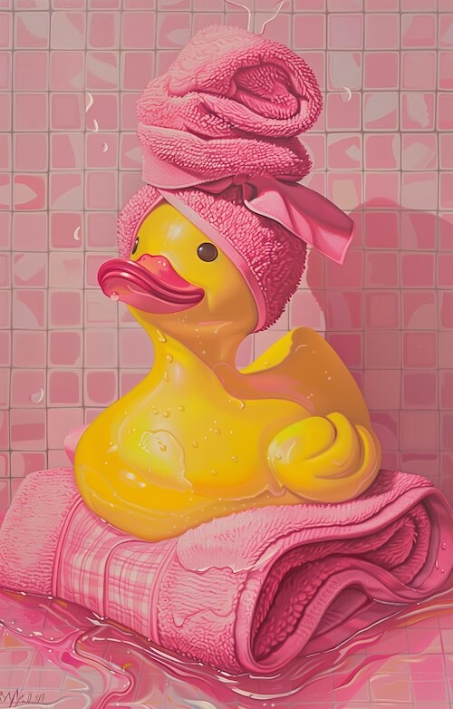 pink-rubber-duck-with-an-oversized-towel-on-its-head