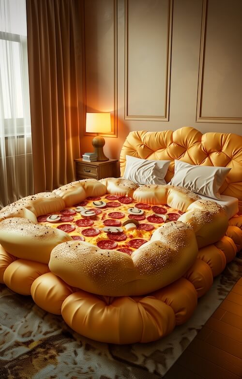 Pizza-shaped bed with lots of cheese and pepperoni - Zwin