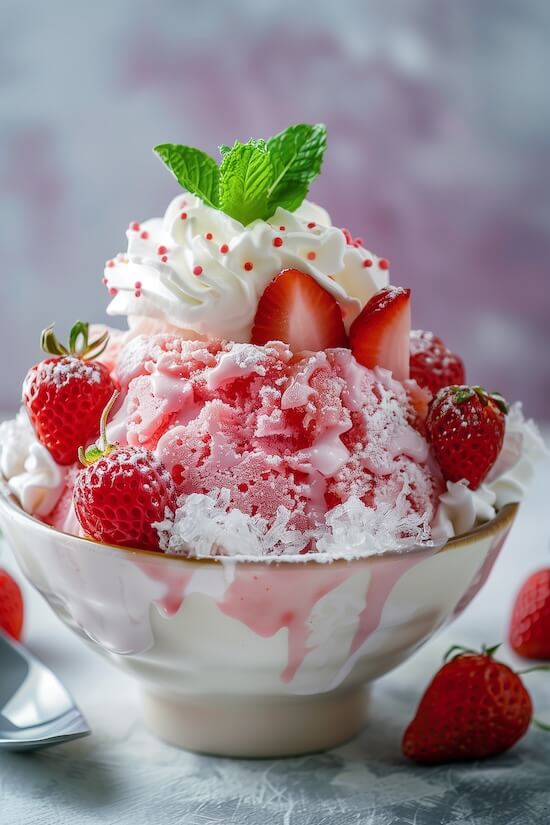 strawberry-and-coconut-snow-ice-with-soft-cream-on-top