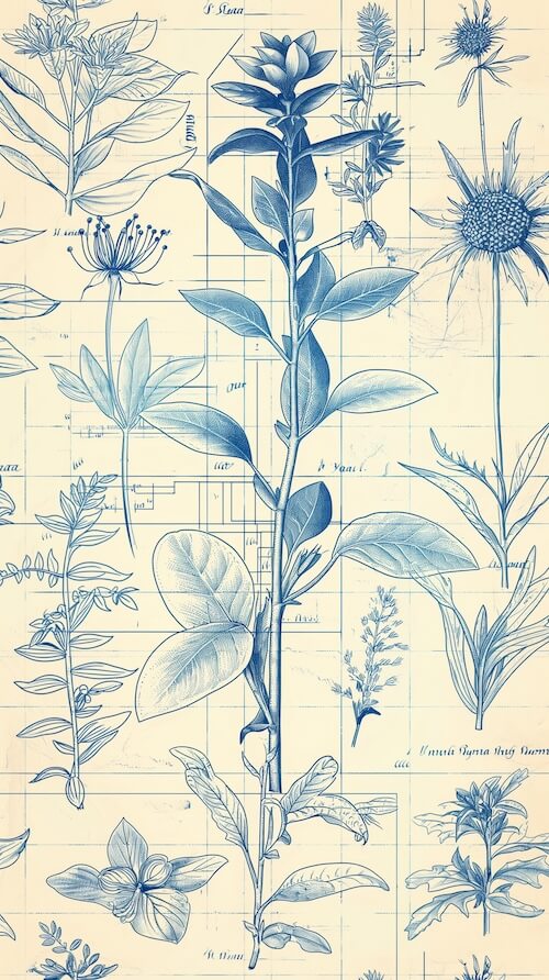 vintage-illustration-of-blue-plants-and-flowers-on-graph-paper