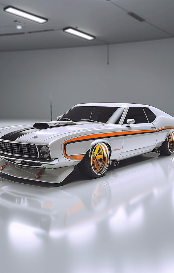 white-and-orange-ford-mustang-with-chrome-wheels