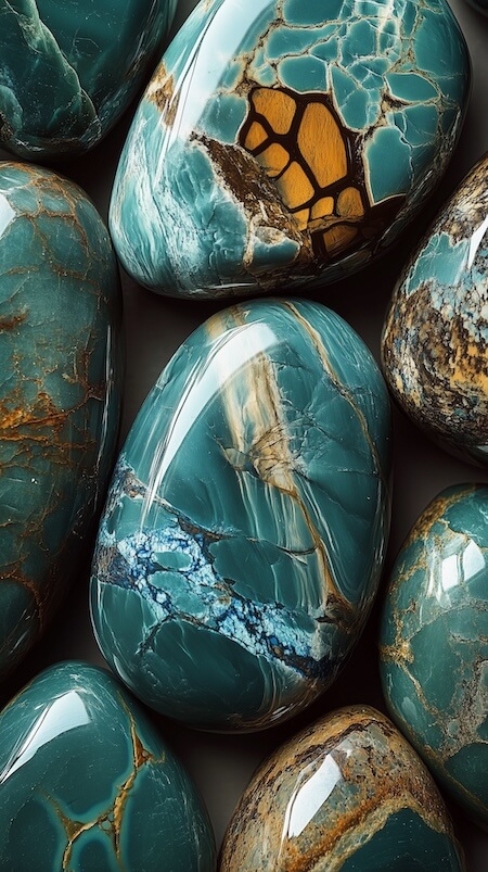 array-of-turquoise-and-blue-stones-with-intricate-patterns