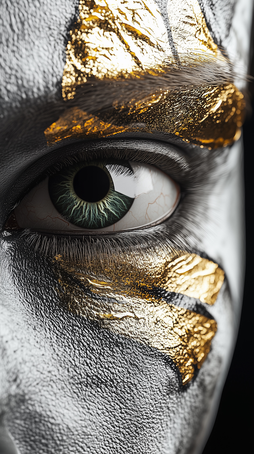 close-up-of-an-eye-with-gold-and-silver-paint-on-it