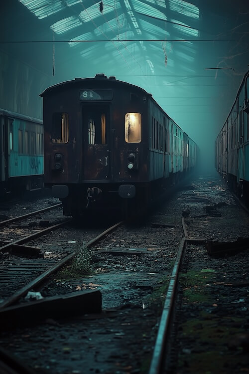 abandoned-train-station-with-an-old-and-rusty-dark-train