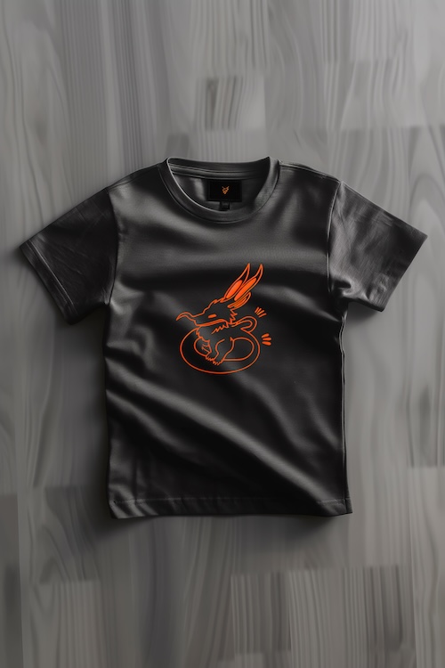 black-t-shirt-with-an-orange-logo-of-a-dragon-and-rabbit-on-it