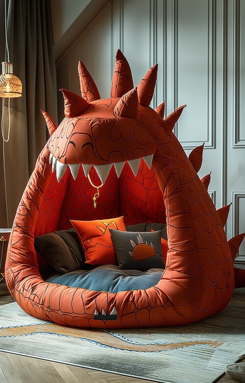 childrens-bed-shaped-like-an-orange-dragon-with-black-horns