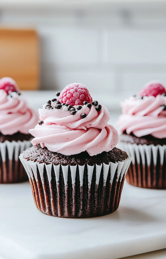 chocolate-cupcakes-with-pink-frosting-and-fresh-raspberries