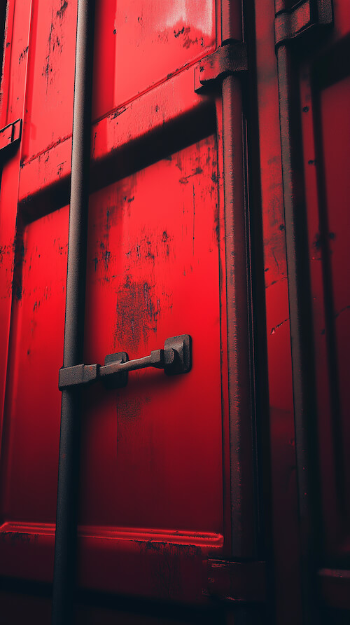 close-up-of-a-red-container-door-with-a-metal-pipe-in-the-middle-of-it