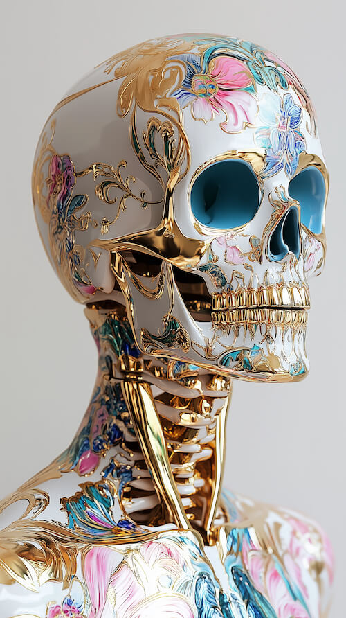 golden-skeleton-with-blue-eyes-skull-adorned-and-colorful-flowers