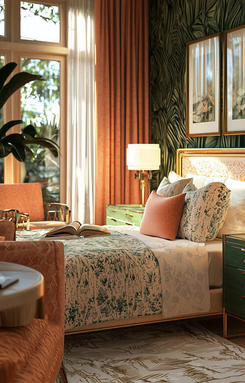 luxurious-bedroom-with-an-orange-and-green-color-scheme