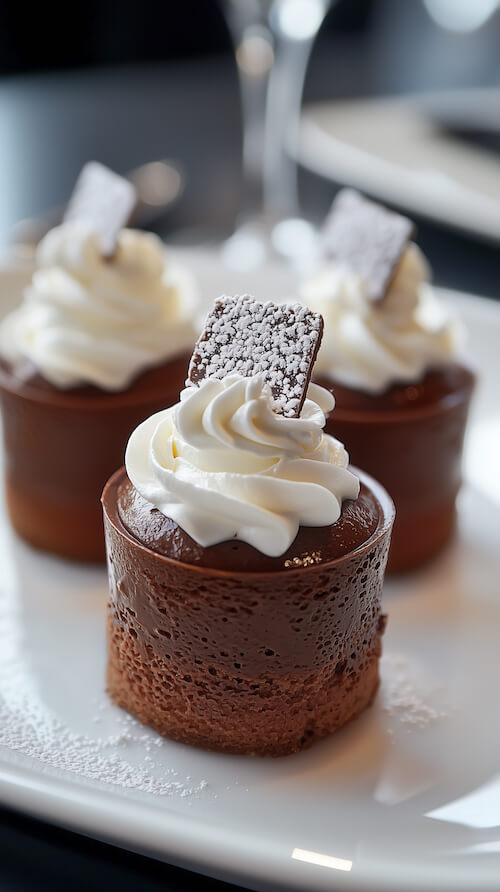 mini-chocolate-cakes-with-cream-on-top-presented-in-an-white-plate