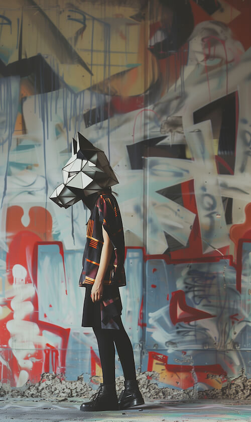 model-wearing-an-origami-paper-wolf-mask-stands-in-front-of-a-wall