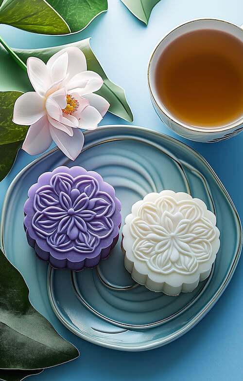 mooncake-with-purple-and-white-colors-served-with-green-tea