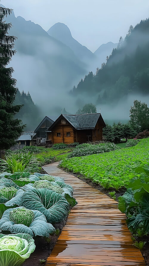 morning-after-rain-in-front-of-wooden-houses-with-high-mountains