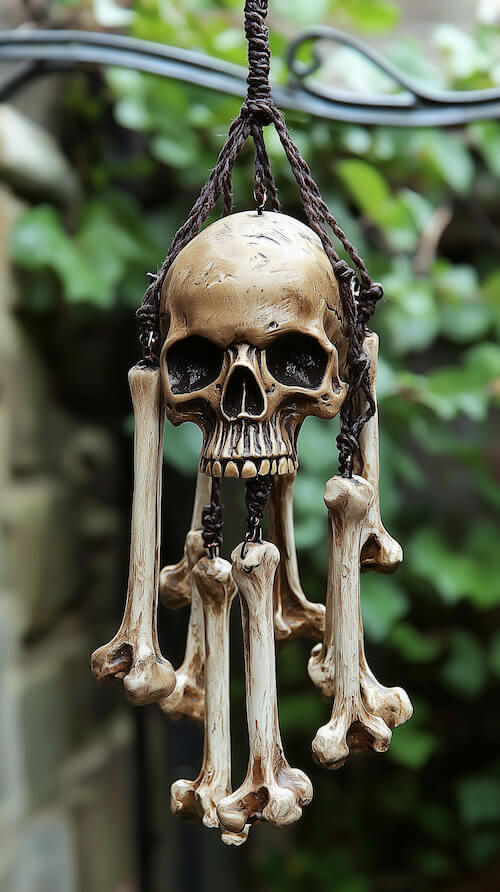 skeletal-skull-and-bone-wind-chime-hanging-from-the-ceiling