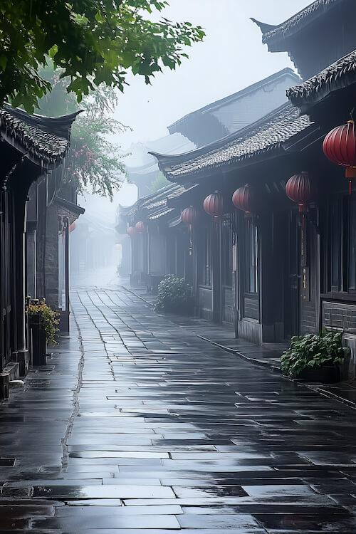 street-view-of-an-old-town-in-the-rain-and-fog