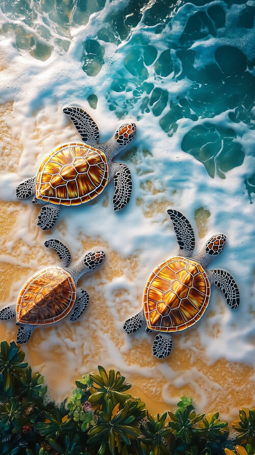 three-baby-turtles-on-the-beach-with-waves-and-sea