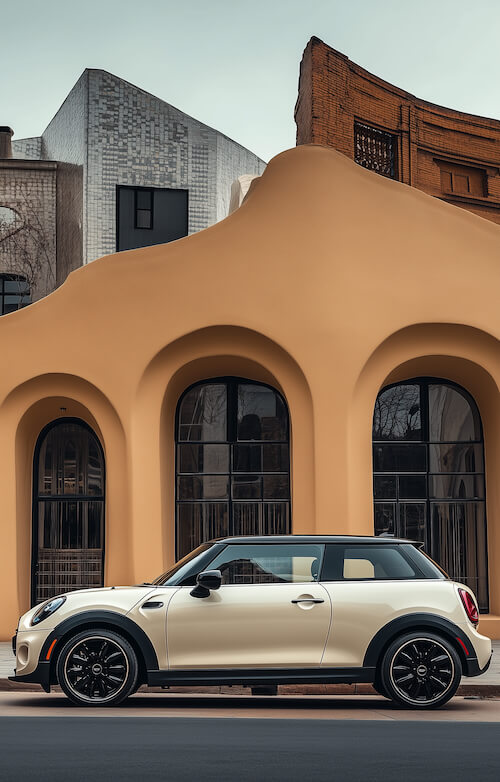 white-mini-cooper-s-parked-in-front-of-an-art-deco-building