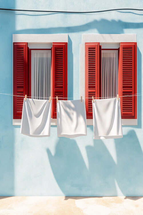 white-sheets-hanging-on-red-window-frames-and-blue-walls