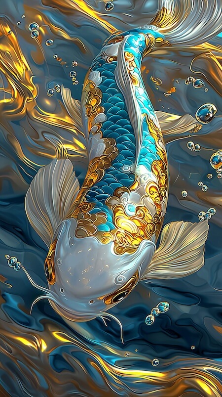 3d-illustration-of-ancient-chinese-golden-blue-koi-swimming-in-blue