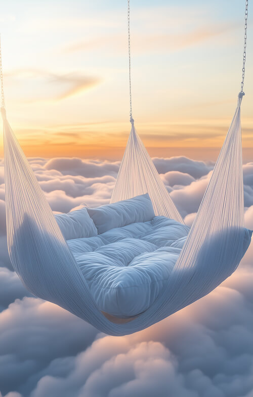 bed-suspended-in-the-sky-surrounded-by-clouds-and-a-sunset