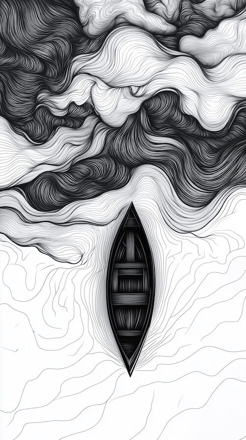 black-and-white-drawing-of-an-empty-canoe-floating-on-the-river