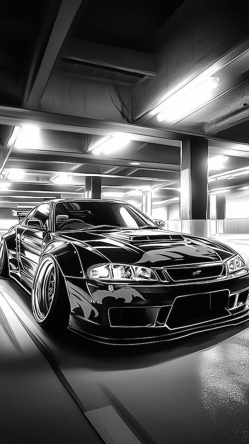 black-and-white-illustration-of-a-nissan-s13-with-a-wide-body-kit