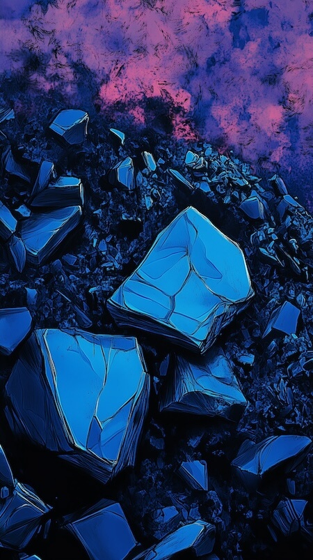 broken-blue-glass-fragments-laying-on-top-of-black-rocks