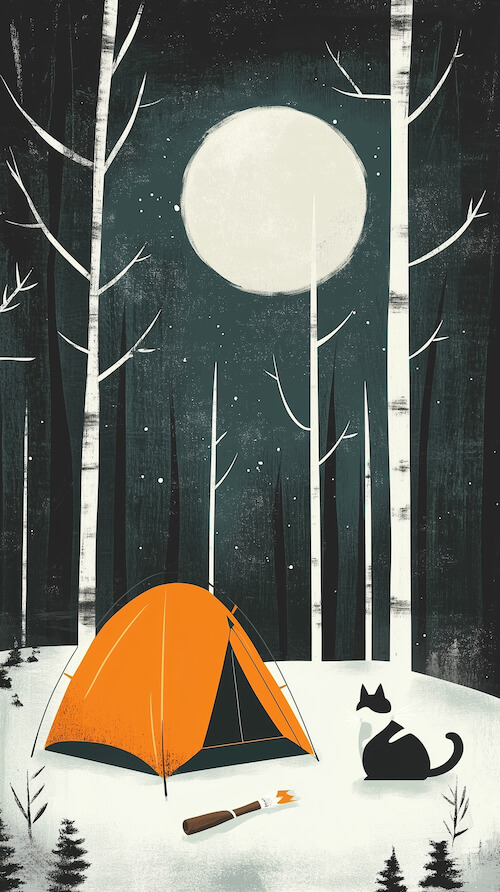 camping-tent-is-set-up-in-the-snow-surrounded-by-white-birch-trees