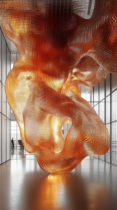 hanging-installation-made-of-orange-mesh-in-the-interior-space