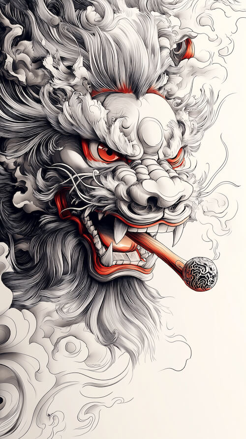 intricately-detailed-japanese-lion-head-smoking-a-cigar