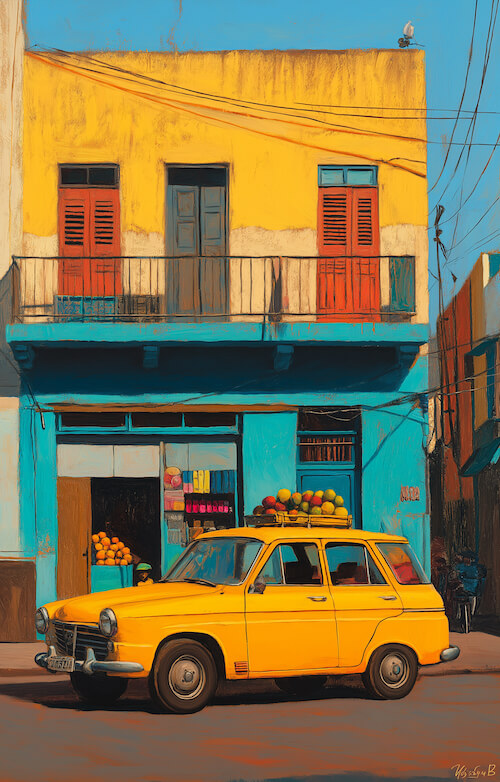 oil-painting-of-an-old-yellow-car-parked-in-front-of-the-fruit