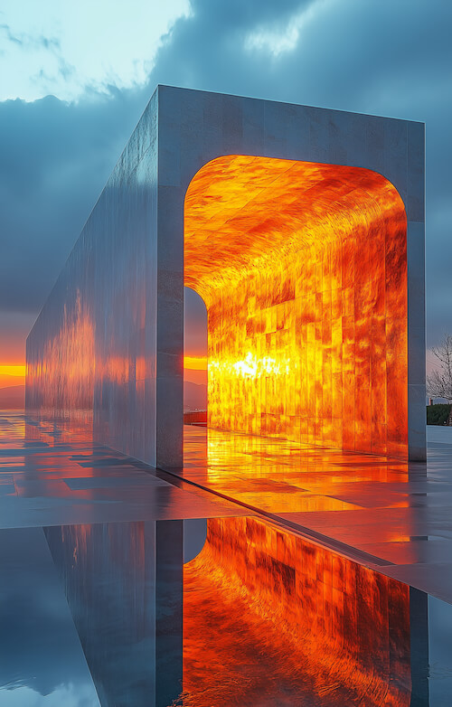 open-cuboid-architectural-structure-with-an-orange-light-shining