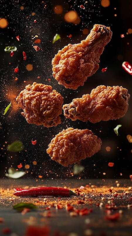 pieces-of-fried-chicken-floating-in-the-air-surrounded-by-chili-powder