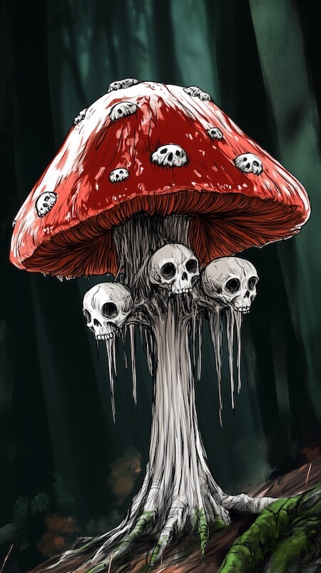 red-mushroom-with-white-spots-and-skulls-hanging-from-the-cap