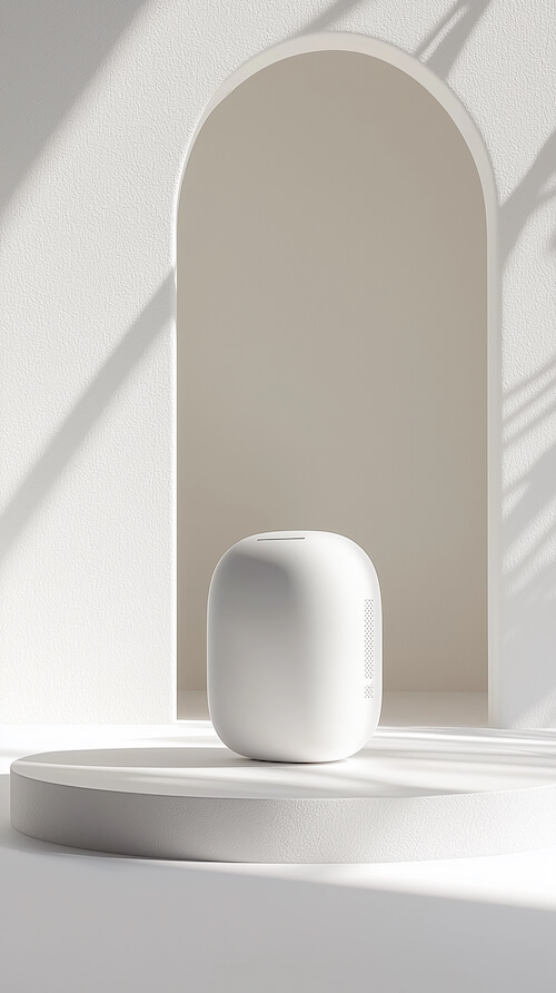 smart-speaker-is-placed-on-a-white-circular-platform