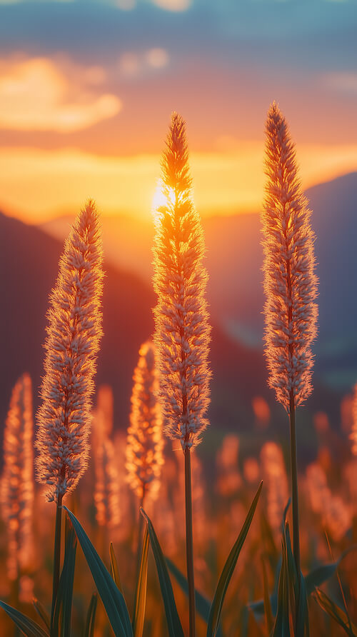 sunset-shines-on-the-tall-grass-with-three-tall-yellowish-flowers