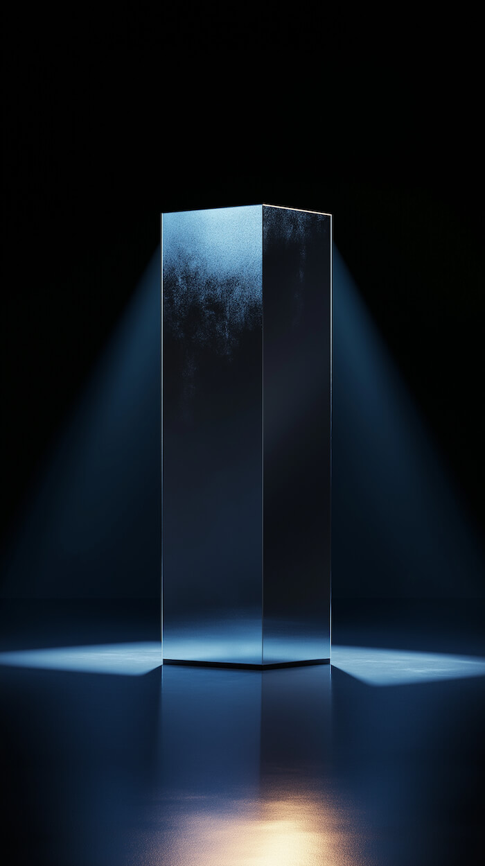 tall-rectangular-glass-box-stands-on-the-ground-with-light-shining