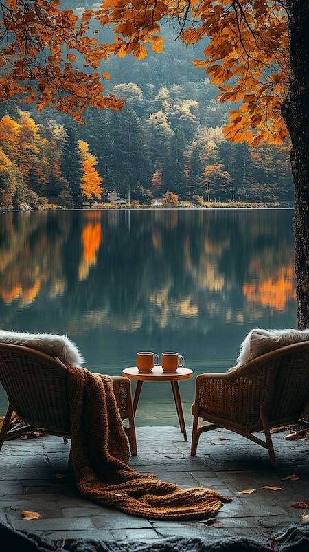 two-chairs-and-a-table-by-the-lake-with-coffee-mugs-on-it