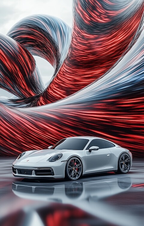 white-porsche-car-surrounded-by-swirling-red-and-black-lines