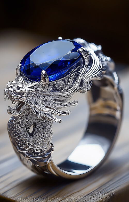 white-gold-ring-with-a-dragon-head-on-the-side-of-a-blue-sapphire