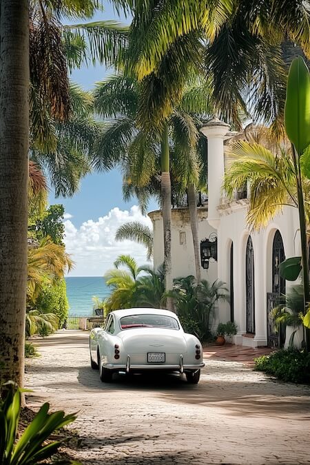 white-vintage-car-in-front-of-an-old-colonial-house-with-palm-trees