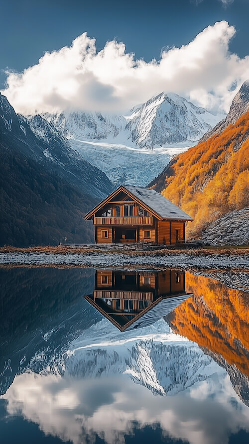 wooden-house-in-the-mountains-with-reflection-on-water