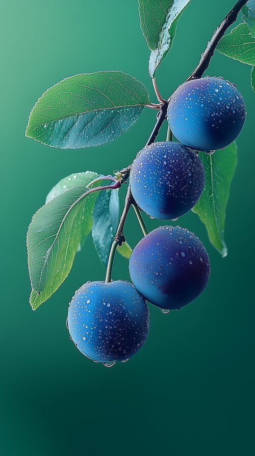 branch-of-plums-with-water-droplets-on-them-with-green-leaves