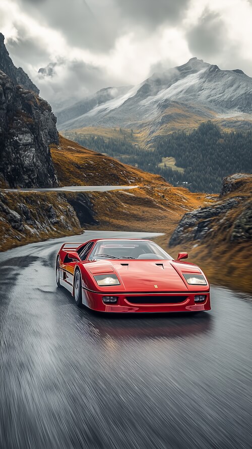 ferrari-f40-driving-on-the-road-in-front-of-the-swiss-alps