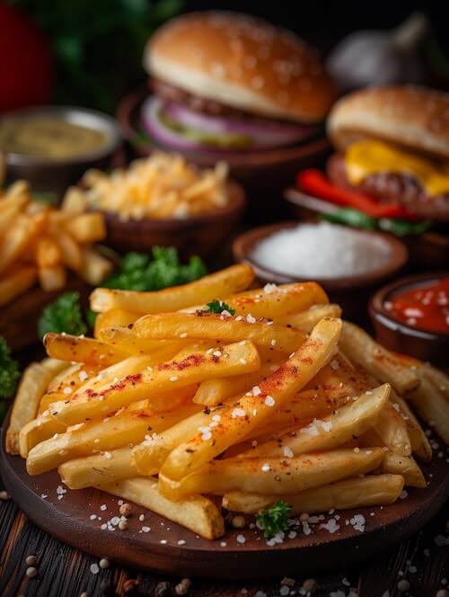french-fries-with-salt-and-pepper-surrounded-by-various-burgers