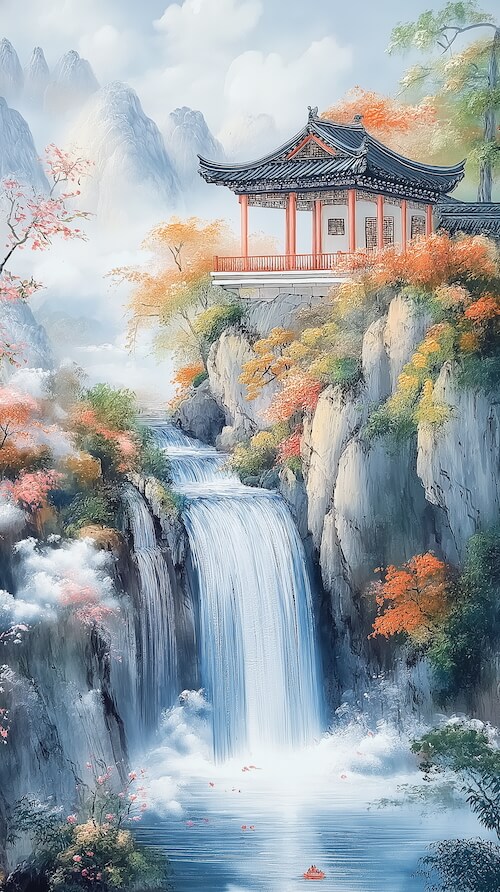 pavilion-sits-atop-mountain-with-a-waterfall-cascading-down-from-it