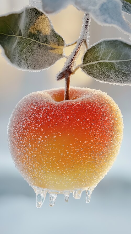 red-and-yellow-apple-with-ice-hanging-from-the-leaf