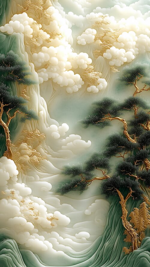 ultra-wide-shot-of-green-pines-and-clouds-on-a-mountain